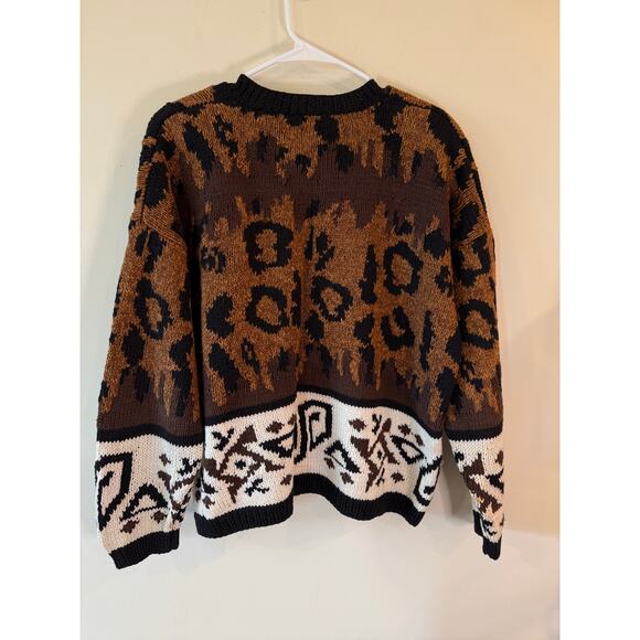 Express Long Sleeve Animal Print Cardigan Sweater Ribbed Knit Brown Women's Med - Picture 2 of 10